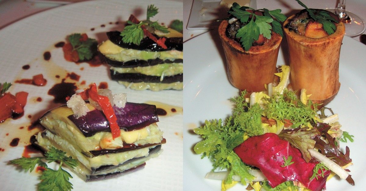 左圖：毛蟹、茄子、酪梨千層派。右圖：牛脛骨髓料理